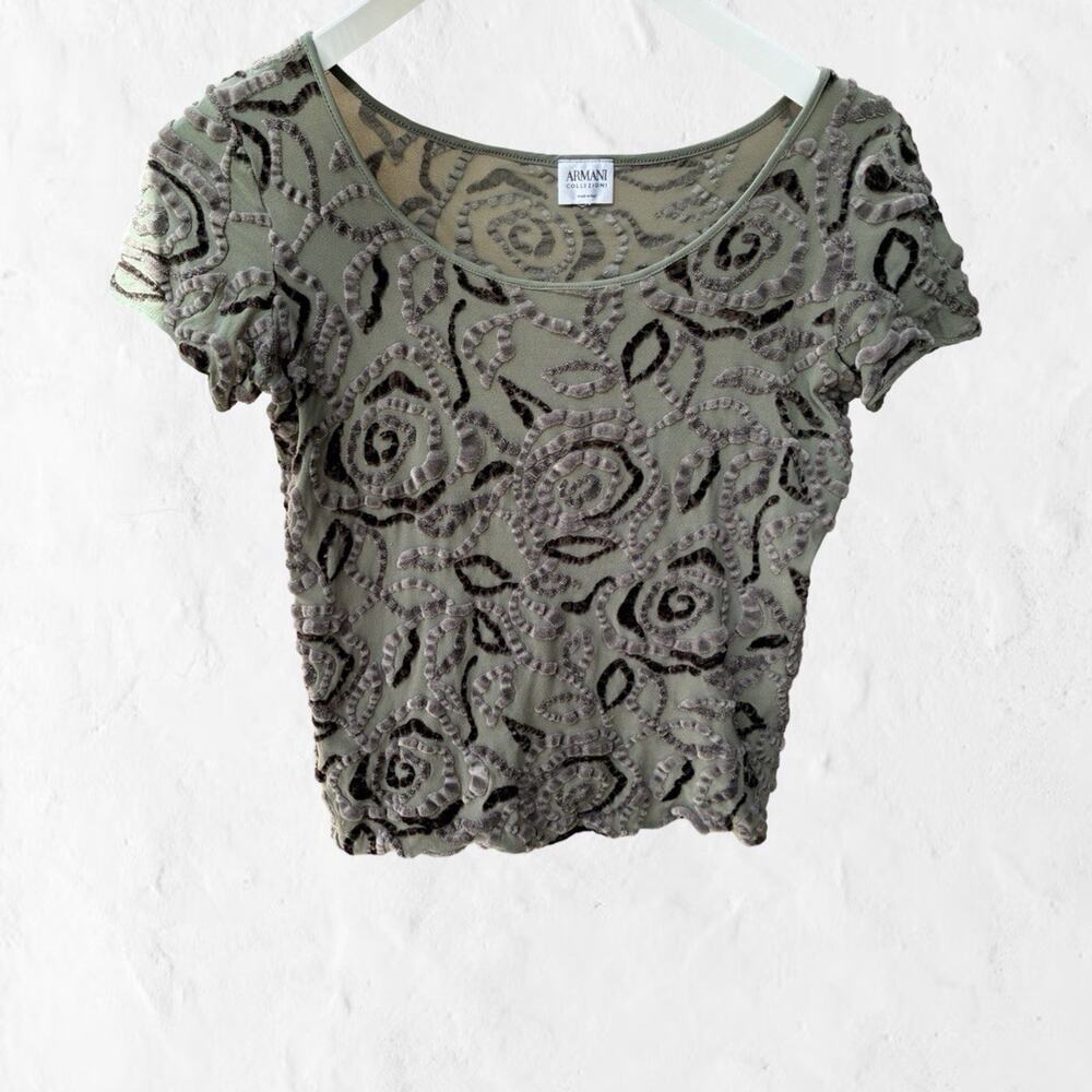 Vintage Y2K Armani Collezioni Velvet Burnout Stretch Mesh Baby Tee Made in Italy